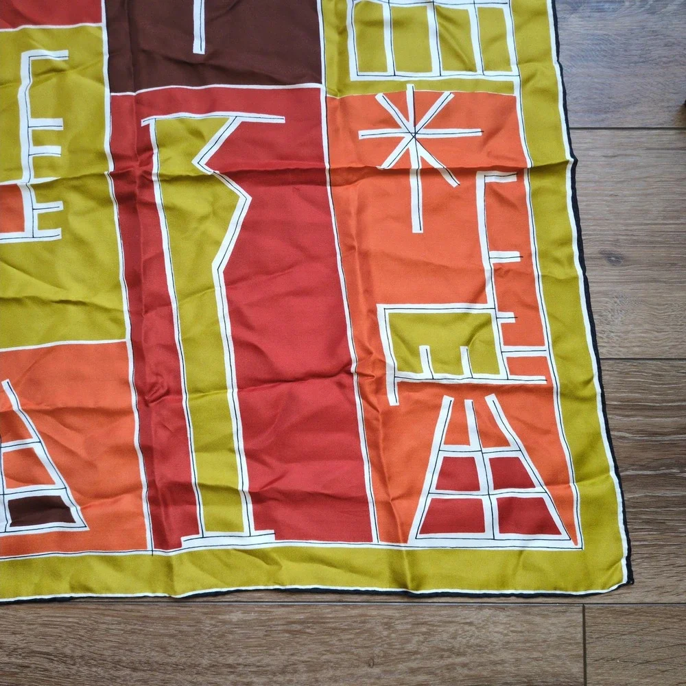 Vtg Vera Neumann Geometric Silk Scarf Retro Yellow Orange Brown Logo MCM Modern